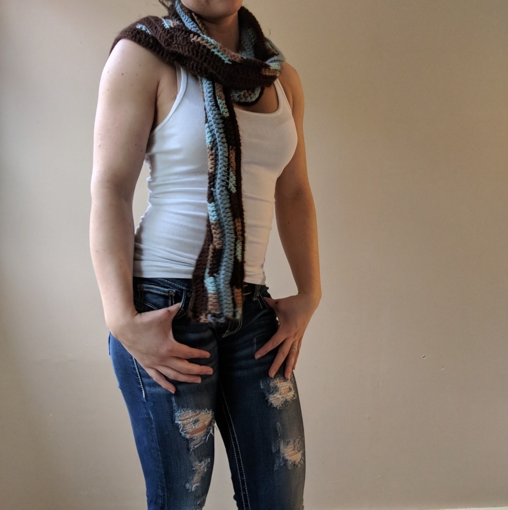 Blue, brown and tan scarf